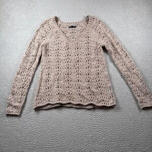 American Eagle Sweater Womens S V Neck Loose Knit Wool Blend Crochet Neutral